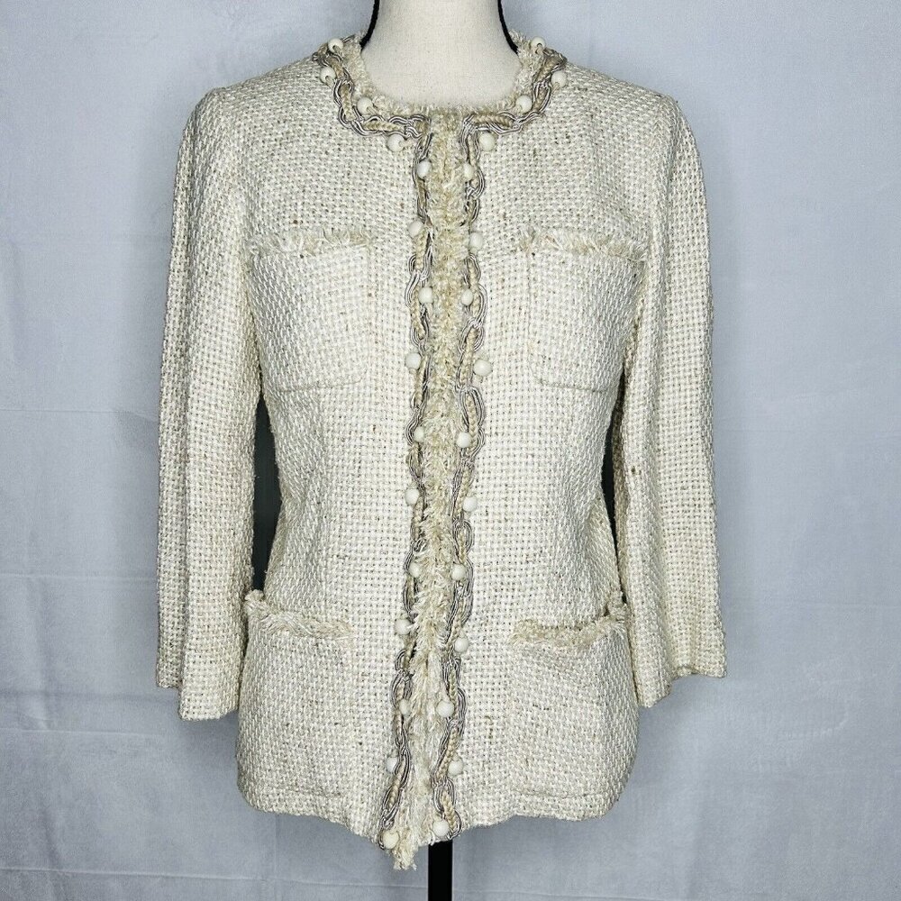 LAFAYETTE 148 Silk Blend Tweed Ivory / Tan Wood Beaded Applique Jacket Sz 6